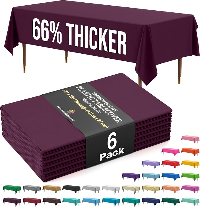 Exquisite 66% Thicker Premium Plastic Table Cloth Rectangle Table Cover 0.5 Mil 6 Pack Plum Table Cloth 54 Inch x 108 Inch Disposable Tablecloth Won't Tear Easily Like Cheap Thin Brands