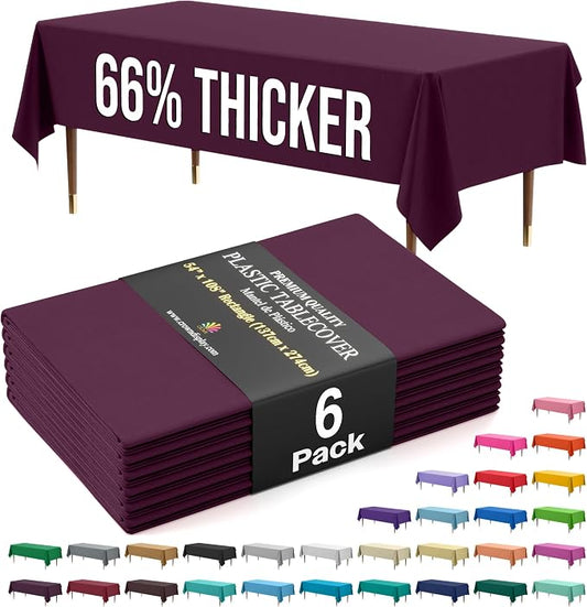 Exquisite 66% Thicker Premium Plastic Table Cloth Rectangle Table Cover 0.5 Mil 6 Pack Plum Table Cloth 54 Inch x 108 Inch Disposable Tablecloth Won't Tear Easily Like Cheap Thin Brands