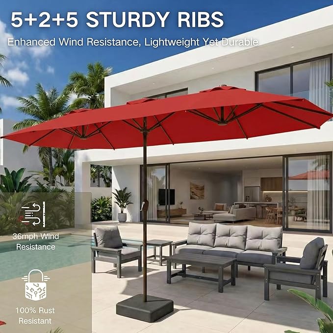 Kingdura 13ft Large Patio Umbrella with Base Included, Double-Sided Rectangle Outdoor Table Umbrella with 12 Reinforced Ribs, Crank Lift for Market Pool Deck Backyard, Red