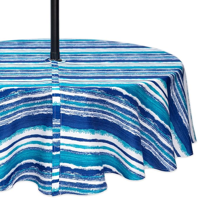 YiHomer Indoor Outdoor Tabletop for Spring Summer Decorations, Picnics and Dinner Parties - Stain and Water Resistant, Crayon Art (Ocean), Zipper Tablecloth, 60" Round with Umbrella Hole