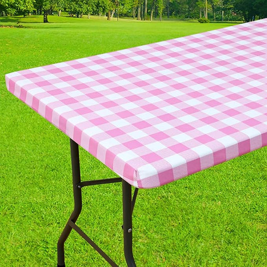 Smiry Rectangle Picnic Table Cloth, Elastic Waterproof Fitted Vinyl Tablecloths, Flannel Backed Buffalo Plaid Table Covers for Dining, Camping, Valentines(White and Pink, 24" x 48")