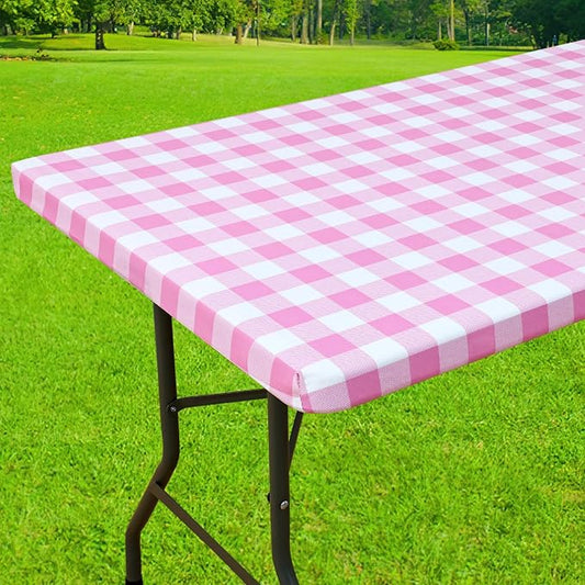 Smiry Rectangle Picnic Table Cloth, Elastic Waterproof Fitted Vinyl Tablecloths, Flannel Backed Buffalo Plaid Table Covers for Dining, Camping, Valentines (White and Pink, 30" x 72")