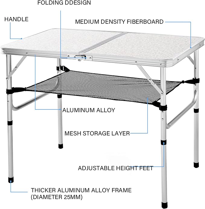 YUFIFAIRY Aluminum Camp Table, 36''L x24''W Folding Table Portable | Lightweight Foldable, Storage Net, Carry Handle, 2 Adjustable Height16"/28", For Indoor, Outdoor, Cooking, Picnic