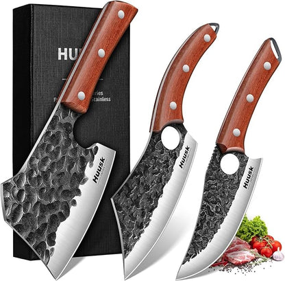 Huusk Butcher Knife Set of 3 - Full Tang Meat Cleaver Knife Set for Meat Processing, Hand Forged Viking Knives Sets with Bone Axe, Heavy-Duty Kitchen Knives Sets for Outdoor BBQ Cooking, Gifts for Men