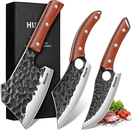 Huusk Butcher Knife Set of 3 - Full Tang Meat Cleaver Knife Set for Meat Processing, Hand Forged Viking Knives Sets with Bone Axe, Heavy-Duty Kitchen Knives Sets for Outdoor BBQ Cooking, Gifts for Men