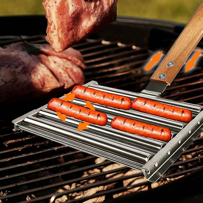 9.5 Inch Long Hot Dog Roller for Grill - Stainless Steel BBQ Hot Dog Grill Roller with Wood Handle, Grill Accessories with Tongs for Sausage Grilling,Ensures Even Heating, Hot Dog Buns Holder