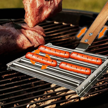 9.5 Inch Long Hot Dog Roller for Grill - Stainless Steel BBQ Hot Dog Grill Roller with Wood Handle, Grill Accessories with Tongs for Sausage Grilling,Ensures Even Heating, Hot Dog Buns Holder