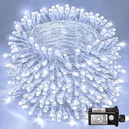 197FT 600 LED Outdoor String Lights, White Christmas Lights Indoor | Plug in Waterproof 8 Modes Clear Wire String Twinkle Lights for Bedroom Outside Patio Yard Xmas Party Wedding Decorations