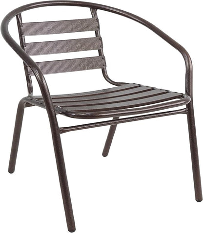 Indoor Outdoor Set of 3 Bronze Restaurant Metal Aluminum Slat Stack Chairs Lightweight