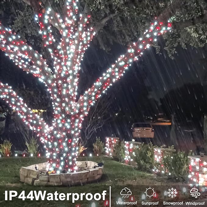 40FT 120 LED Outdoor String Lights, Red and White Christmas Lights Indoor | Plug in Waterproof 8 Modes Clear Wire Twinkle Fairy Lights for Bedroom Outside Patio Yard Xmas Party Holiday Decorations