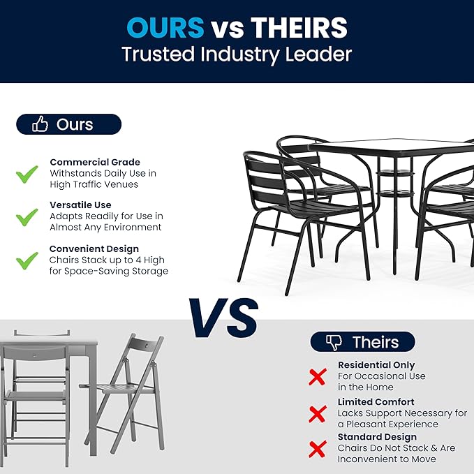 Flash Furniture 5-Piece Patio Dining Set with 31.5" Square Glass Metal Table and 4 Stackable Slat Back Chairs, Indoor/Outdoor Bistro Set, Black