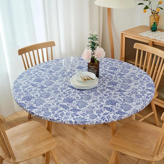 LIBERECOO Round Vinyl Fitted Tablecloth with Flannel Backing Elastic Edge Table Cover Waterproof Stain-Resistant Wipeable Tablecloths Fits 45-56 Inch Round Tables