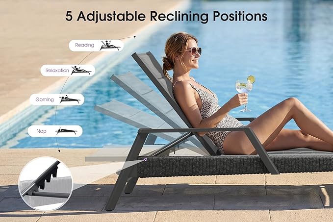 PURPLE LEAF Outdoor Chaise Lounge 2 Pieces Patio Recliner Sunbathing Tanning Chair for Poolside Balcony with Armrests Backyard Moon Basalt