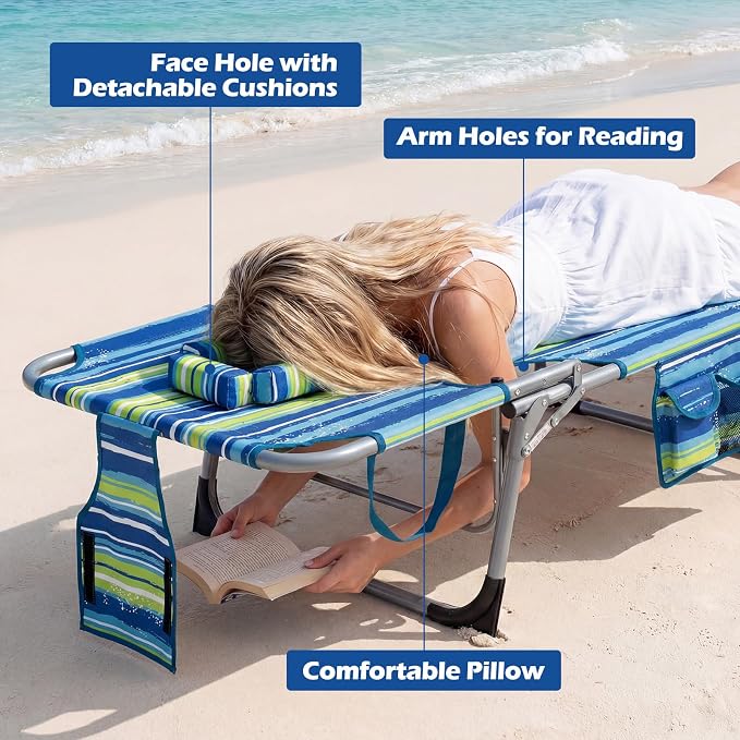 GYMAX Tanning Chair, Folding Lounger with Face/Arm Holes, Carry Handles & Side Pocket, Portable Lightweight Layout Beach Chair for Outdoor/Indoor, Face Down Sun Lounger (1, Blue Stripe)