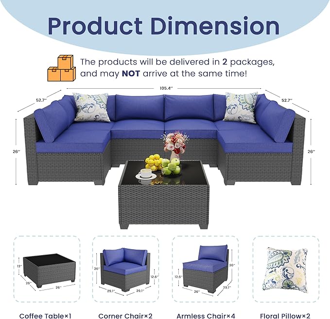 olimix 8 Piece Outdoor Patio Furniture Set, Outdoor Sectional Furniture, Rattan & Wicker Modern Modular Conversation Set Sofa Couch W/Water Resistant Washable Thick Cushions and Coffee Table, Blue