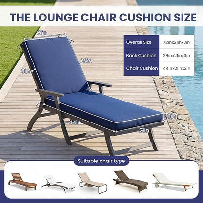 Chaise Lounge Cushions Outdoor, 72 x 21 Inch Water & Fade-Resistant Patio Furniture Lounge Cushion Set of 2, Beach Umbrella Lounger Chair Replacement Cushion with Removable Cover Pad, Navy Blue