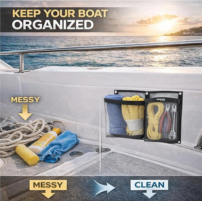 Marine Mesh Double Pocket Boat Gear Storage Bag, Polyester Boat Rope Storage Bag, Screw Snap Mount (Black, Large)
