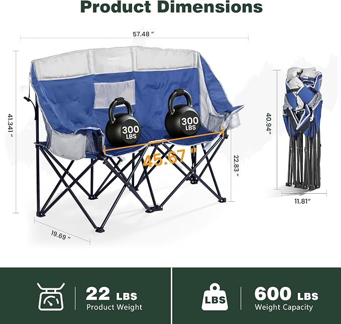SunnyFeel Double Camping Loveseat Chair, Blue-Cooler, Foldable, Portable, Space Saving, Side Pocket, Cup Holders | 600LBS Heavy Duty Padded Camping Couch with Cup Holder, Cooler, Storage Pockets & Carry Bag for Outdoor/ Lawn/ Backyard