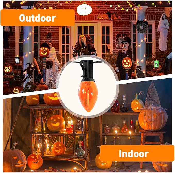 C7 LED Christmas Lights, 12FT Black Wire with 12 Orange Vintage Bulbs, Outdoor Indoor Hanging Lights for Porch, Garden, Backyard, Balcony, Holiday Party Décor