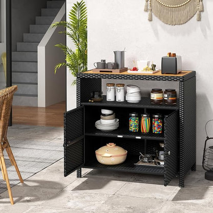 Wicker Outdoor Storage Cabinet, Rattan Patio Bar Table with Acacia Wood Countertop, Open Compartment & 2 Doors, Outdoor Buffet Cabinet Sideboard for Poolside, Garden, Backyard (Black)