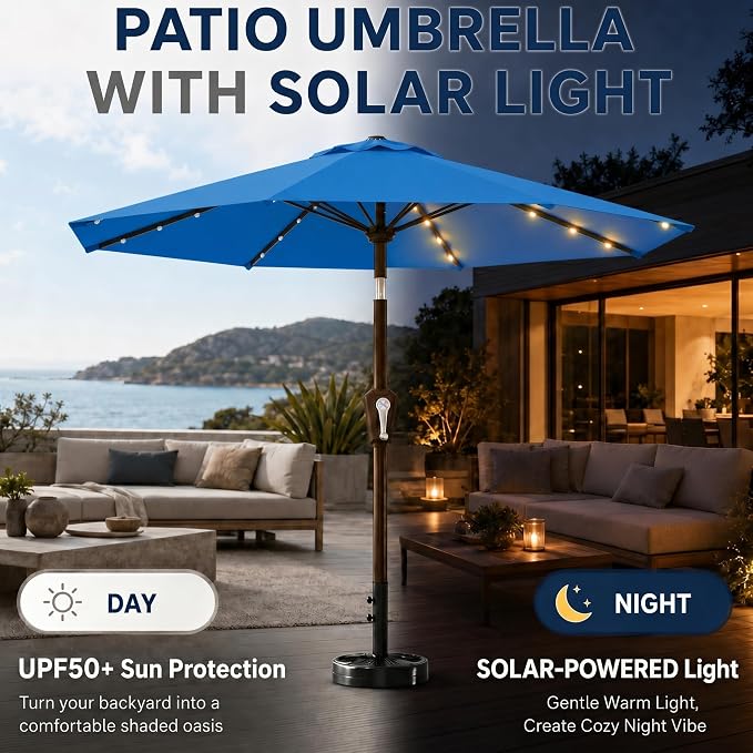 10FT Solar Patio Umbrella with Lights, Outdoor Table Market Umbrella with 32 LED Lights, 8 Sturdy Ribs, Push Button Tilt and Crank for Pool, Deck and Garden, UV-Resistant