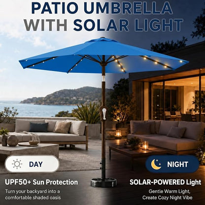 10FT Solar Patio Umbrella with Lights, Outdoor Table Market Umbrella with 32 LED Lights, 8 Sturdy Ribs, Push Button Tilt and Crank for Pool, Deck and Garden, UV-Resistant