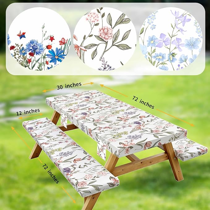 Fitted Picnic Table Cover with Bench Covers Elastic Waterproof Oil-Proof VintageTablecloths for 6 Foot Rectangle Tables Dining Outdoor Patio Camping Essentials