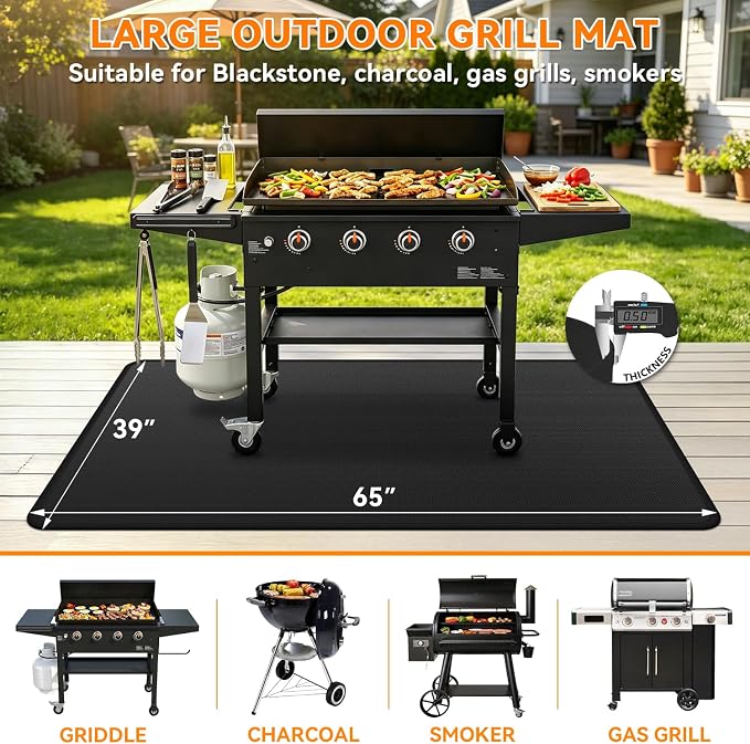 Under Grill Mats for Blackstone - 65 x 39 Inch BBQ Mats for Outdoor Grill Deck Protector, Double-Sided Fireproof Oil-Proof Waterproof Griddle Floor Mat for Outdoor Grilling, Easy to Clean
