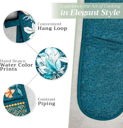Maison d' Hermine Double Oven Mitts 100% Cotton Double Oven Glove (7"x35") | Heat Resistant BBQ Cooking Gloves with Loop Baking Kitchen Home Farmhouse Thanksgiving Christmas - Luxury Loft - Dark Teal