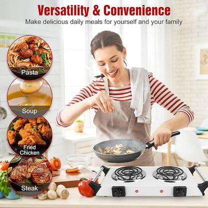 2000W Hot Plate,Portable Electric Stove Countertop Double Coil Burners W/5 Level Temperature Control & Stay Cool Handles, Easy to Clean, Lightweight Cast Iron Electric Stove for RV/Home/Camp 110V