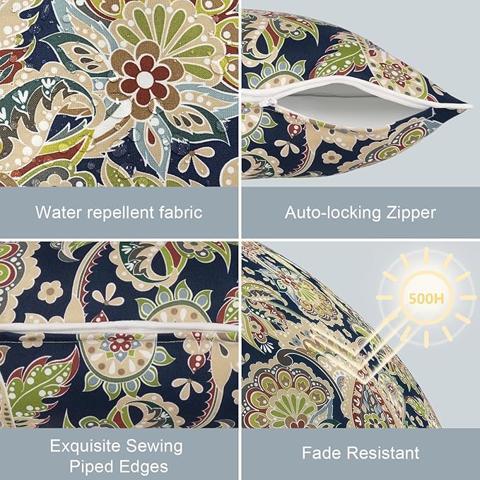 LVTXIII Outdoor Pillow Covers Set of 2, Patio Waterproof Throw Pillow Cases Fade Resistant Accent Pillow Covers for Spring Summer Garden Decoration, 16x16, Paisley Sapphire Blue