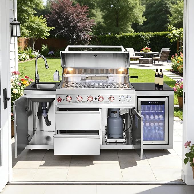 82.5'' Outdoor Kitchen Island, All-In-One 6 Burner Modular Outdoor Kitchen for Backyards, 83500 BTU BBQ Grill with 304 Stainless Steel, Silver Outdoor Kitchens with Sink, Refrigerator
