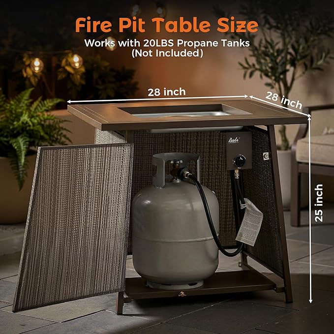 BALI OUTDOORS 50,000 BTU Propane Fire Pit Outdoor, 28 inch Propane Fire Pit Table Square, Gas Firepits for Outside Patio, Garden, Backyard