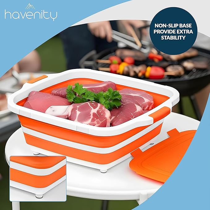 BBQ Prep Tub 16L - Multifunctional Collapsible Camping Cutting Board with Upgraded Locking Lid, Meat Storage Container for Meal Prep, Dish Basin Bowl Perfect for Grilling, Outdoor (XL)