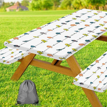JAWO Camper RV Picnic Table Cover with Bench Covers, Colorful Birds RV Essentials Gear Supplies Outdoor Waterproof Windproof Tablecloth with Elastic, 30X60in