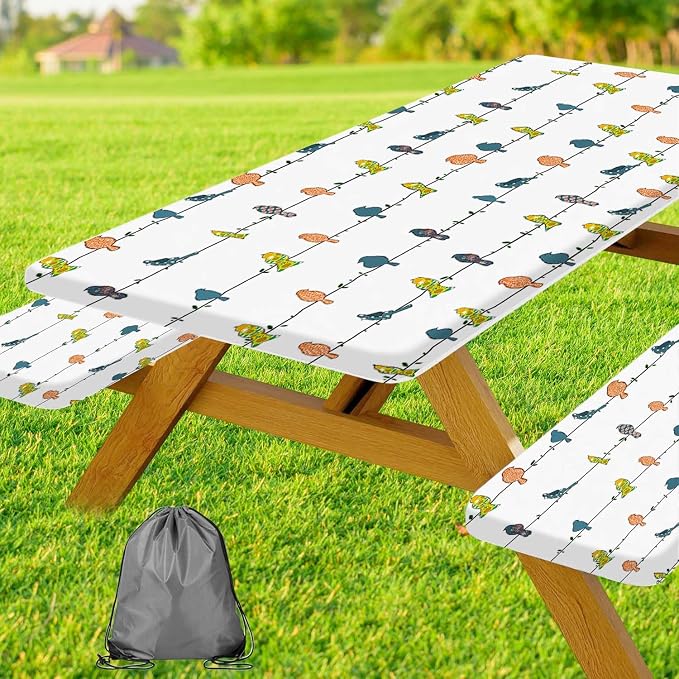 JAWO Camper RV Picnic Table Cover with Bench Covers, Colorful Birds RV Essentials Gear Supplies Outdoor Waterproof Windproof Tablecloth with Elastic, 30X72in
