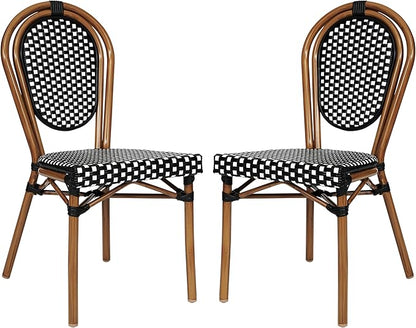 Flash Furniture Lourdes Indoor/Outdoor Commercial Thonet Bistro Stack Chair - Black/White PE Rattan Back and Seat - Natural Bamboo Print Metal Frame - 2 PK