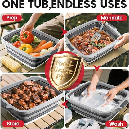 BBQ Prep Tub 3-IN-1 Large 16L Collapsible Cutting Board with Locking Lid for Meal Prep Marinating Food, Camping Sink with Colander, Dish Basin, Storage Blanket for Camping Picnic BBQ, Black