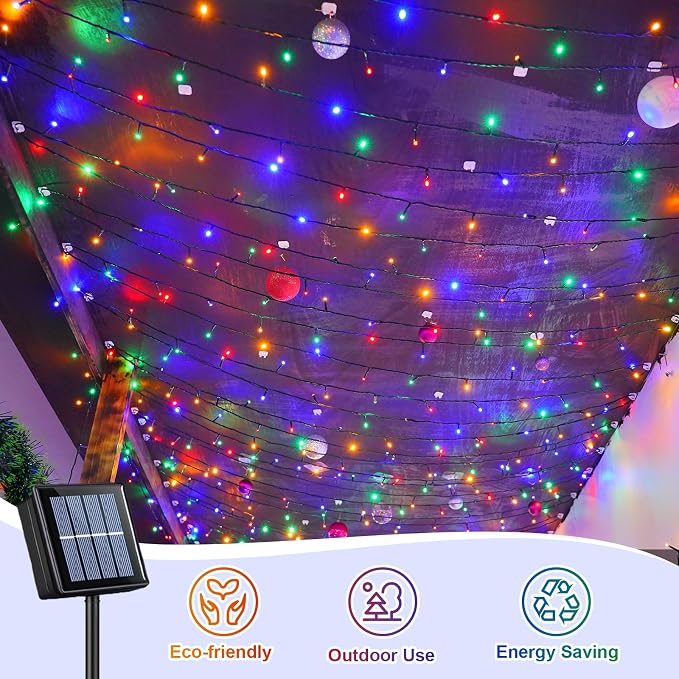 QITONG 2 Pack Multicolor Solar Christmas Lights, Each 33ft 100 LED String Lights Outdoor Waterproof, 8 Modes Green Wire Colored Solar Light for Outside Christmas Decorations