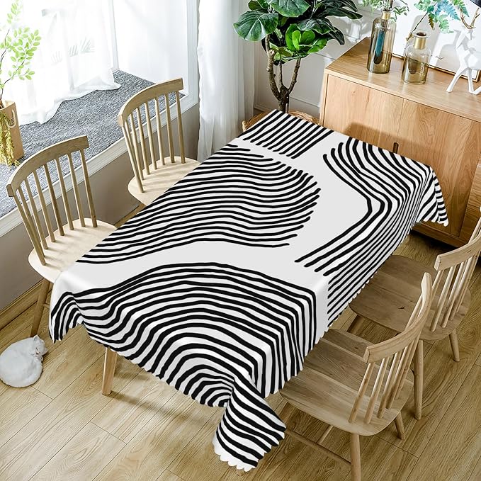 Black White Stripes Table Cloth for Rectangle Chic Striped Tablecloths Polyester Vintage for Picnic Party Dinner Aesthetic Wrinkle Oil-Proof Resistant Table Cover for Dining Table 70x140 Inch