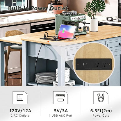 Ball & Cast Kitchen Island with Extendable Dining Table,Rubber Wood Veneer Kitchen Table W/Internal Storage Rack,Power Outlet & USB Ports,Kitchen Cart On Wheels W/2 Drawers & 2 Cabinets,Grey Blue,47"