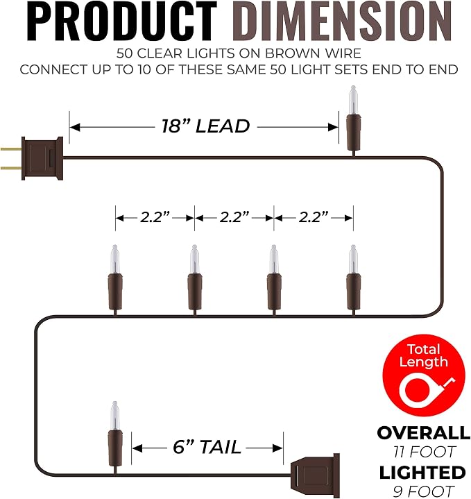 612 Vermont 50 Clear Incandescent Christmas String Lights Brown Wire Cord | UL Approved Indoor Outdoor Use, 10' Lighted Length, 11' Total Length, Mini Lights, Connect Up To 10 Sets End To End