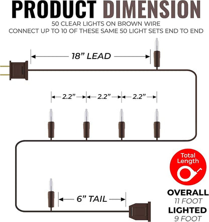 612 Vermont 50 Clear Incandescent Christmas String Lights Brown Wire Cord | UL Approved Indoor Outdoor Use, 10' Lighted Length, 11' Total Length, Mini Lights, Connect Up To 10 Sets End To End