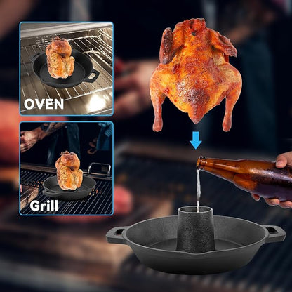 Charkettle Cast Iron Poultry Roaster Insert for Gourmet BBQ System | Beer Can Chicken Holder with Roasting Pan, Vertical Roaster Stand, Fit for 22" Kettle Grills/Oven/Smoker