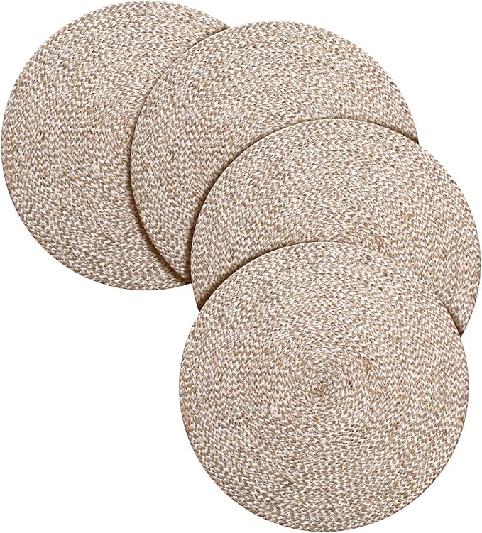 Hausattire Jute Braided Placemats 14 Inches Round Set of 4 Reversible Handwoven Boho Vintage Easter Placemats for Kitchen Dining Tables|BBQ's Farmhouse Decor Indoor & Outdoor Parties |Off-White