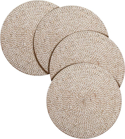 Hausattire Jute Braided Placemats 14 Inches Round Set of 4 Reversible Handwoven Boho Vintage Easter Placemats for Kitchen Dining Tables|BBQ's Farmhouse Decor Indoor & Outdoor Parties |Off-White