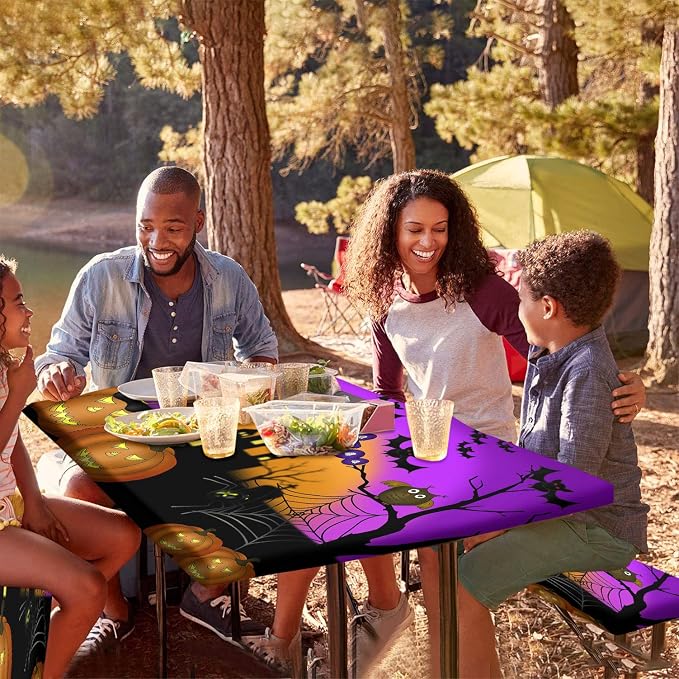 Halloween Picnic Table and Bench Fitted Tablecloth Cover, Pumpkins Ghost Waterproof Table Cover, 28x72 Inch, 3 Pieces Set, Outdoor Fitted Tablecloth for Camping Patio Park, Purple Orange