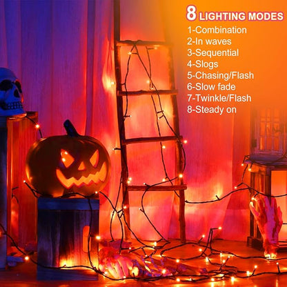 kemooie 500 LED Halloween Lights Outdoor, 164 FT Fairy Lights with 8 Modes | Orange, Timer&Memory Function, Plug in, IP44 Waterproof, Indoor Outdoor Use, Home/Party/Garden/Halloween Decor