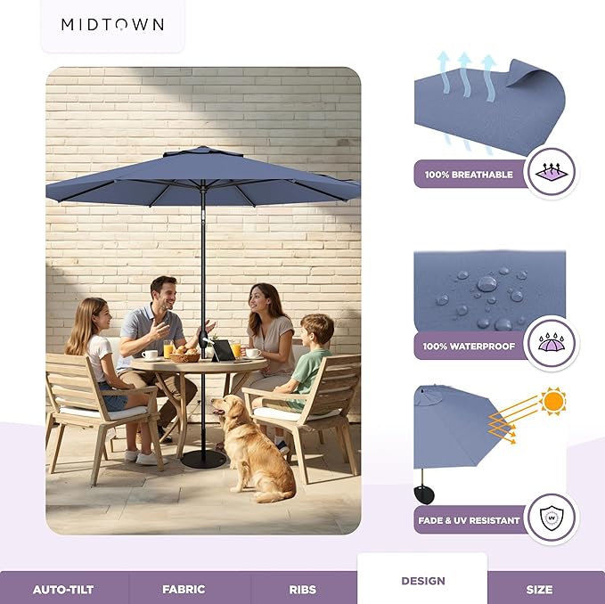 Midtown Umbrellas 10-Year-No-Fade - 9 Ft - UV Proof Light Navy Polyester Fabric - Umbrella Outdoor Patio, Auto-Tilt Aluminum Frame Patio Umbrella for Garden, Pool & Deck - Black Pole