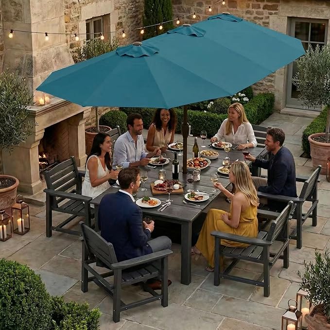 Kingdura 15ft Large Patio Umbrella with Base Included, Double-Sided Rectangle Outdoor Table Umbrella with 12 Reinforced Ribs, Crank Lift for Market Pool Deck Backyard, Lake blue